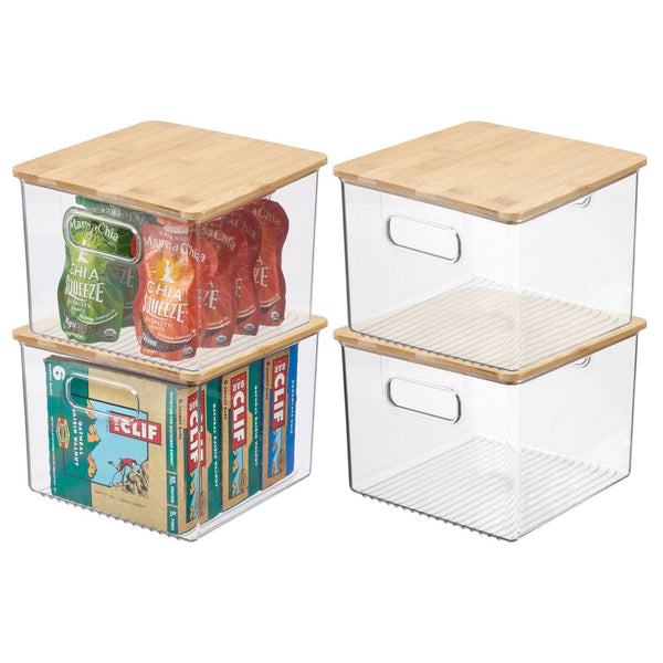 Clear Stackable Bins with Bamboo Lids  8 x 8 x 6