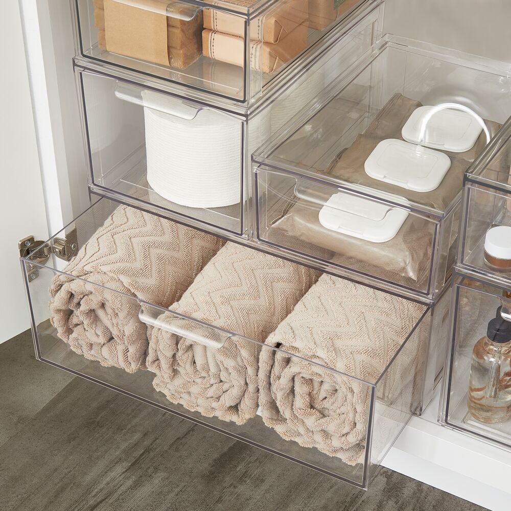 mDesign Plastic Stackable Kitchen Pantry Storage Organizer with Drawer mDesign