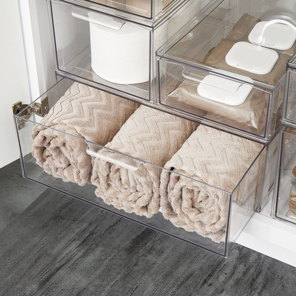 mDesign Stackable Closet Storage Bin Box with Pull-Out Drawer - Clear - 12 x 16 x 6, 4 Pack