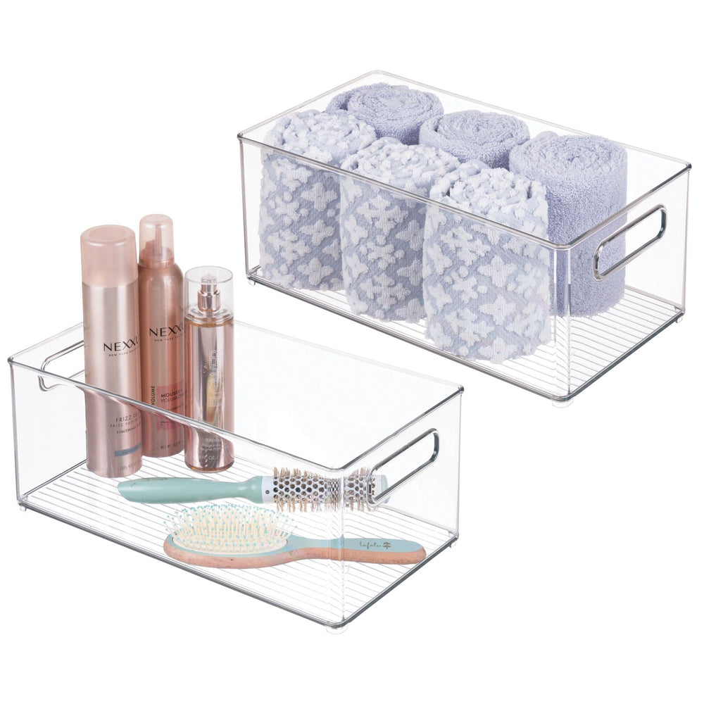 mDesign Large Plastic Bathroom Storage Bins, Handles, 16 Long, 4 Pack, Black
