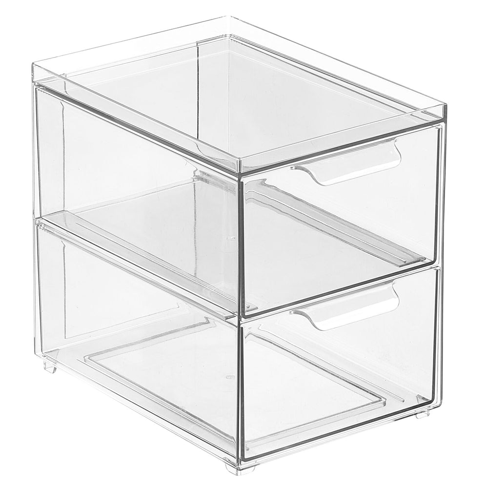 mDesign Stackable Plastic Storage Closet Bin Boxes - 2 Pull-Out Drawers - Clear - Clear