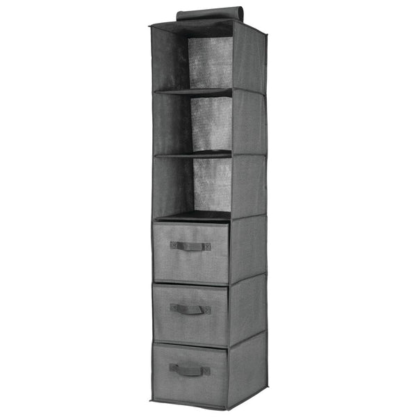 color:charcoal||charcoal 6-shelf fabric hanging closet organizer with 3 drawers