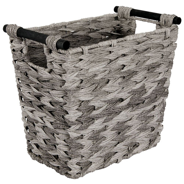 color:gray||gray woven wastebasket with wood handles