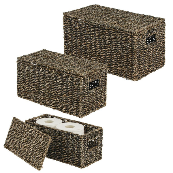 color:black wash||black wash woven seagrass nesting basket with removable lid