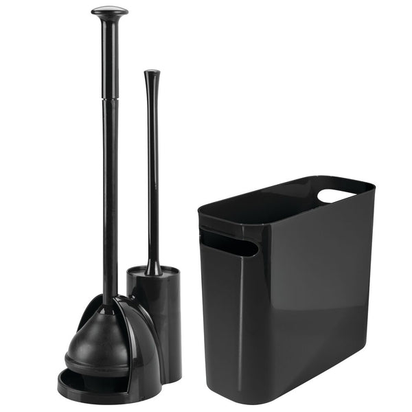 color:black||black bowl brush + plunger with trash can set of 8
