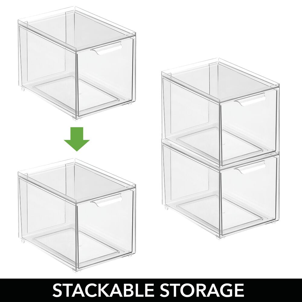 mDesign Storage Box – Deep Stackable Plastic Container with Pull-Out Drawer  – Bathroom Organiser Box for Toiletries, Makeup and Beauty Products – Clear  : : Home & Kitchen