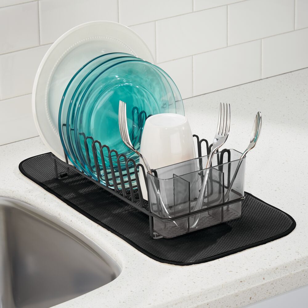 mDesign Compact Modern Metal Dish Drying Rack and Microfiber Mat Set for Kitchen Count