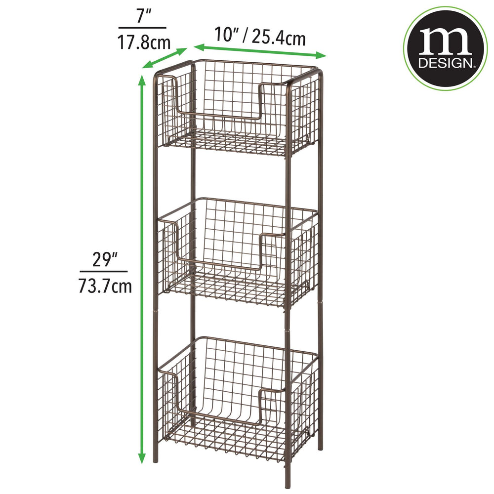 mDesign Vertical Standing Kitchen Pantry Food Shelving with 3 Baskets