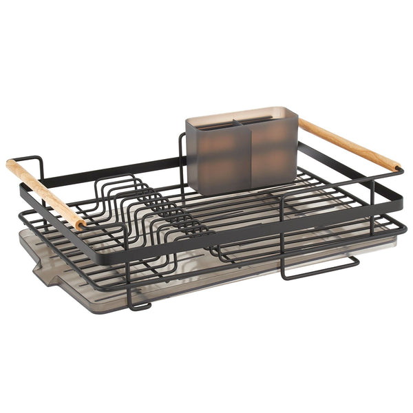 color:matte black/smoke||matte black/smoke metal dish drying rack with wood handles