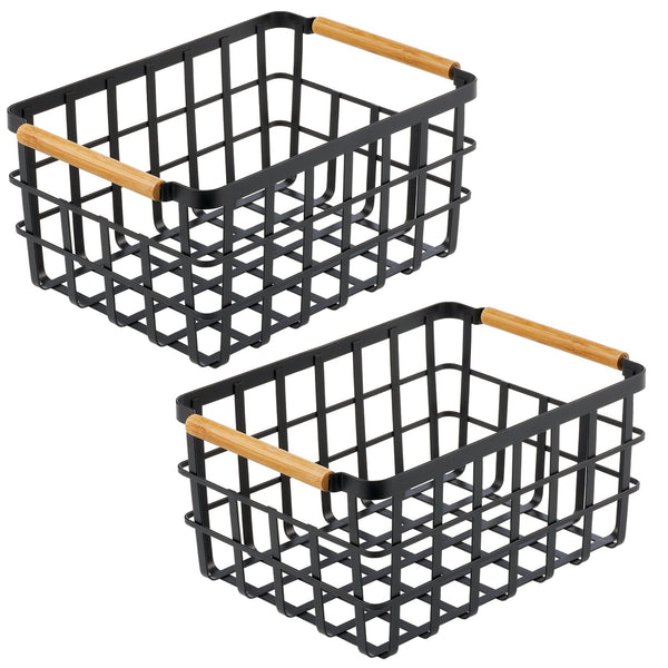 matte black metal wire basket with bamboo handles 13-9-6 pack of 2