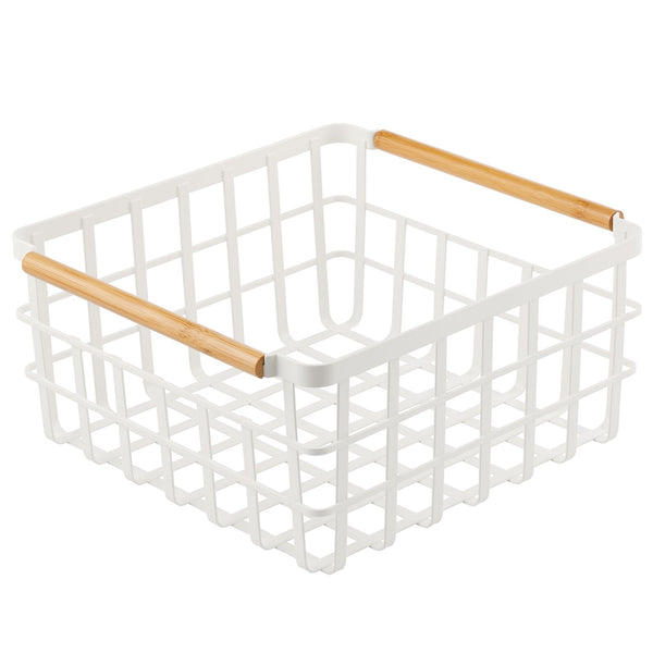 color:matte white||matte white metal wire basket with bamboo handles 13-12-6 single