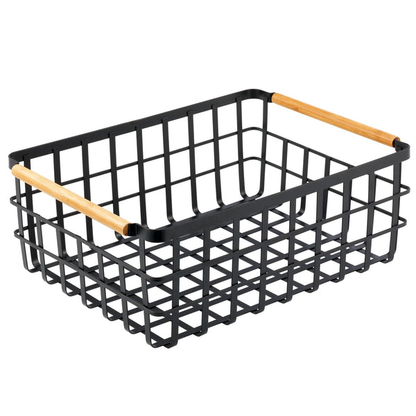 color:matte black||matte black metal wire basket with bamboo handles 17-12-6 single