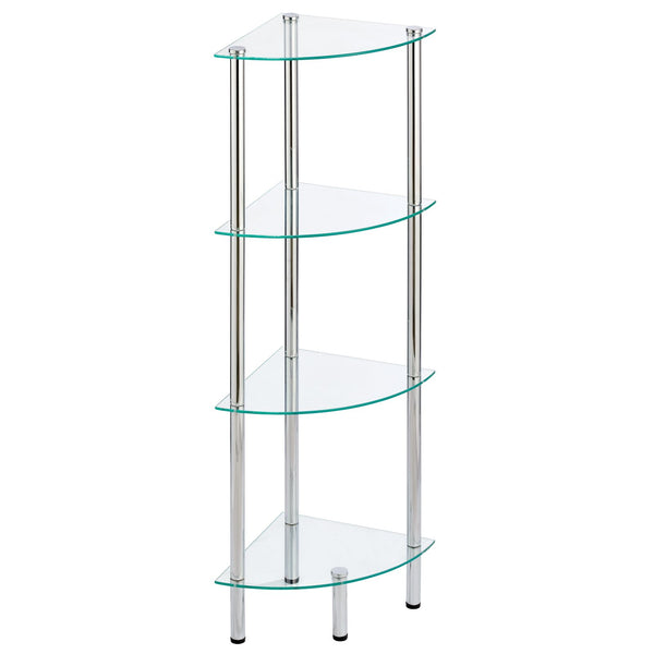 color:chrome/clear||chrome/clear 4-tier glass + metal corner shelf pack of 8