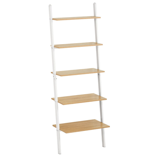 color:white/modern oak||white/modern oak 5-tier wood + metal ladder bookshelf