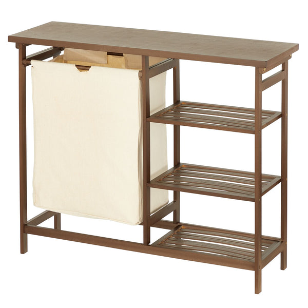 color:espresso||espresso bamboo laundry table with hamper + shelves