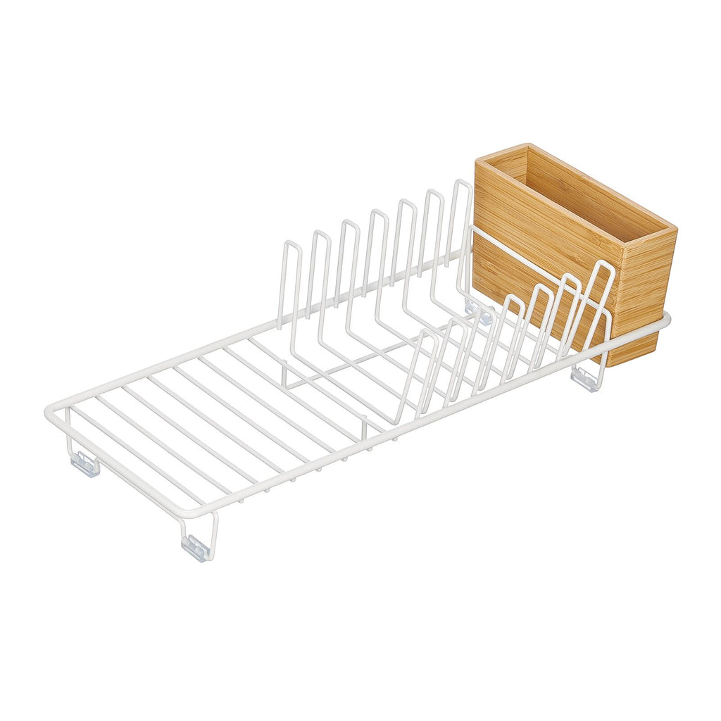 mDesign Steel Metal Compact Dish Drying Rack with Bamboo Cutlery Tray Caddy  - Dish Drainer Rack for Kitchen Counter, Sink - Holds Dishes, Utensil