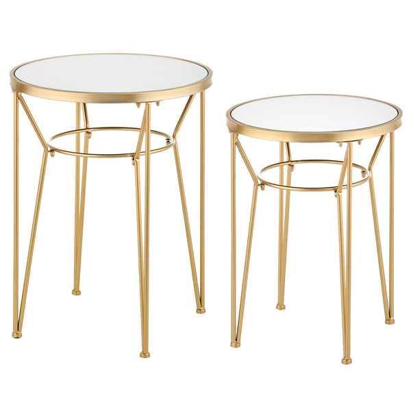 color:soft brass||soft brass round accent table set with hairpin legs