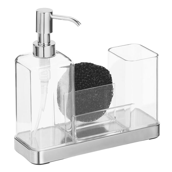 color:chrome||chrome liquid soap dispenser + divided sponge caddy + brush holder