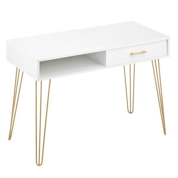 color:white/soft brass||white/soft brass wood desk with hairpin legs