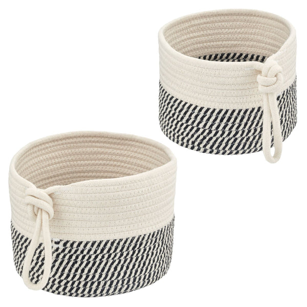 color:black/white||black/white woven cotton rope nesting basket with tie handle
