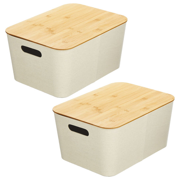 color:cream||cream stackable fabric bin with bamboo lid 12-16-8 pack of 2