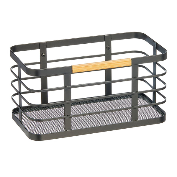 color:matte black/natural||matte black/natural flat wire wall mount basket with bamboo handle 12-6-6