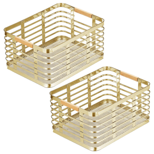 color:soft brass/natural||soft brass/natural flat wire basket with bamboo handles 12-9-6