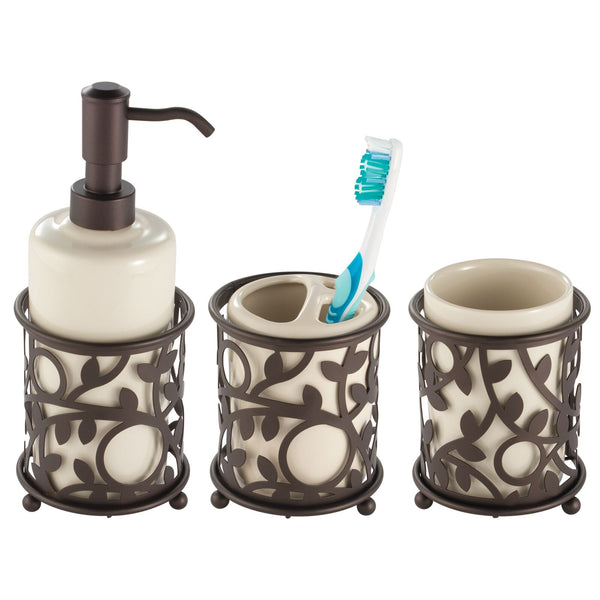 color:vanilla/bronze||vanilla/bronze vine design soap pump, toothbrush holder + rinsing cup set