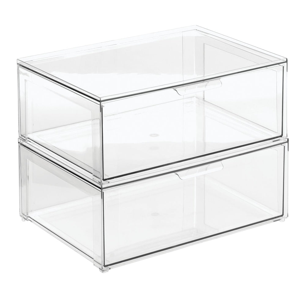 4ct mDesign Plastic Stackable Kitchen Storage Organizer with Drawer 4 Pack, Clear