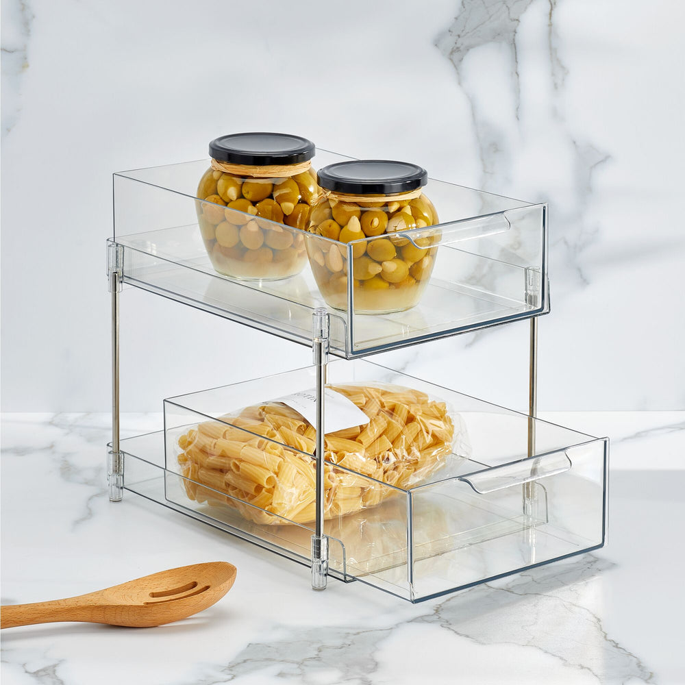 2 Tier Clear Organizer with Dividers, Multi-Purpose Slide-Out