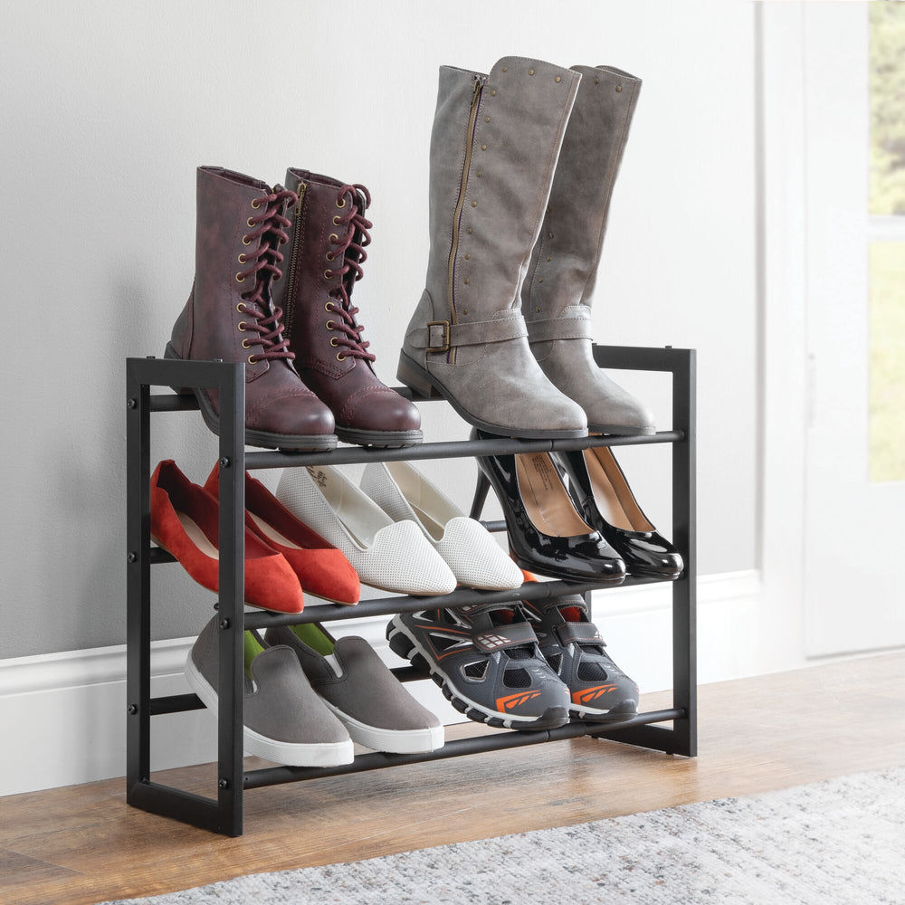 mDesign Metal 3 Tier Adjustable/Expandable Shoe and Boot Rack - White/Gray