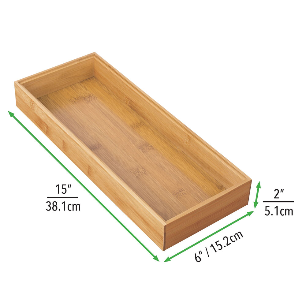 mDesign Bamboo Kitchen Fridge & Drawer Organizer Tray, 2 Pack - Natural Wood
