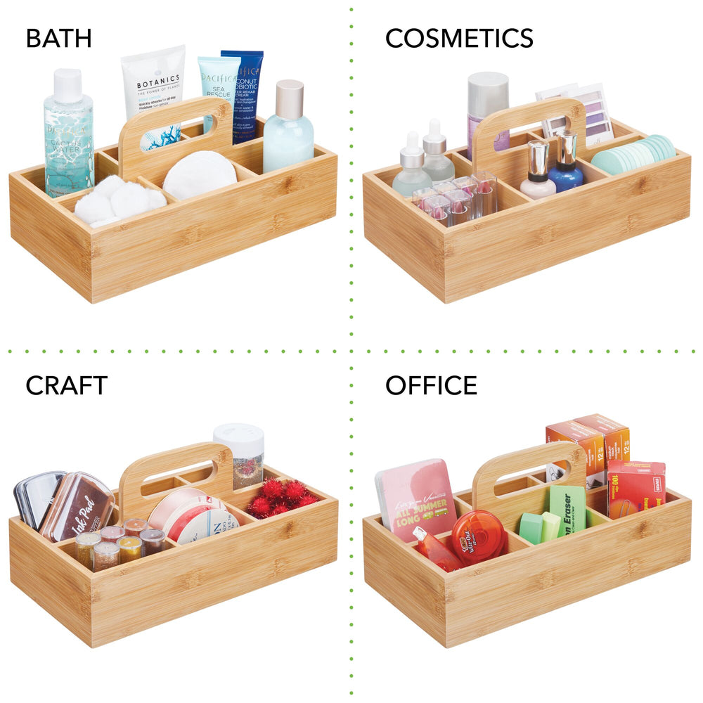 mDesign Divided Makeup Organizer Caddy with Natural Oak Handle, Clear/Natural