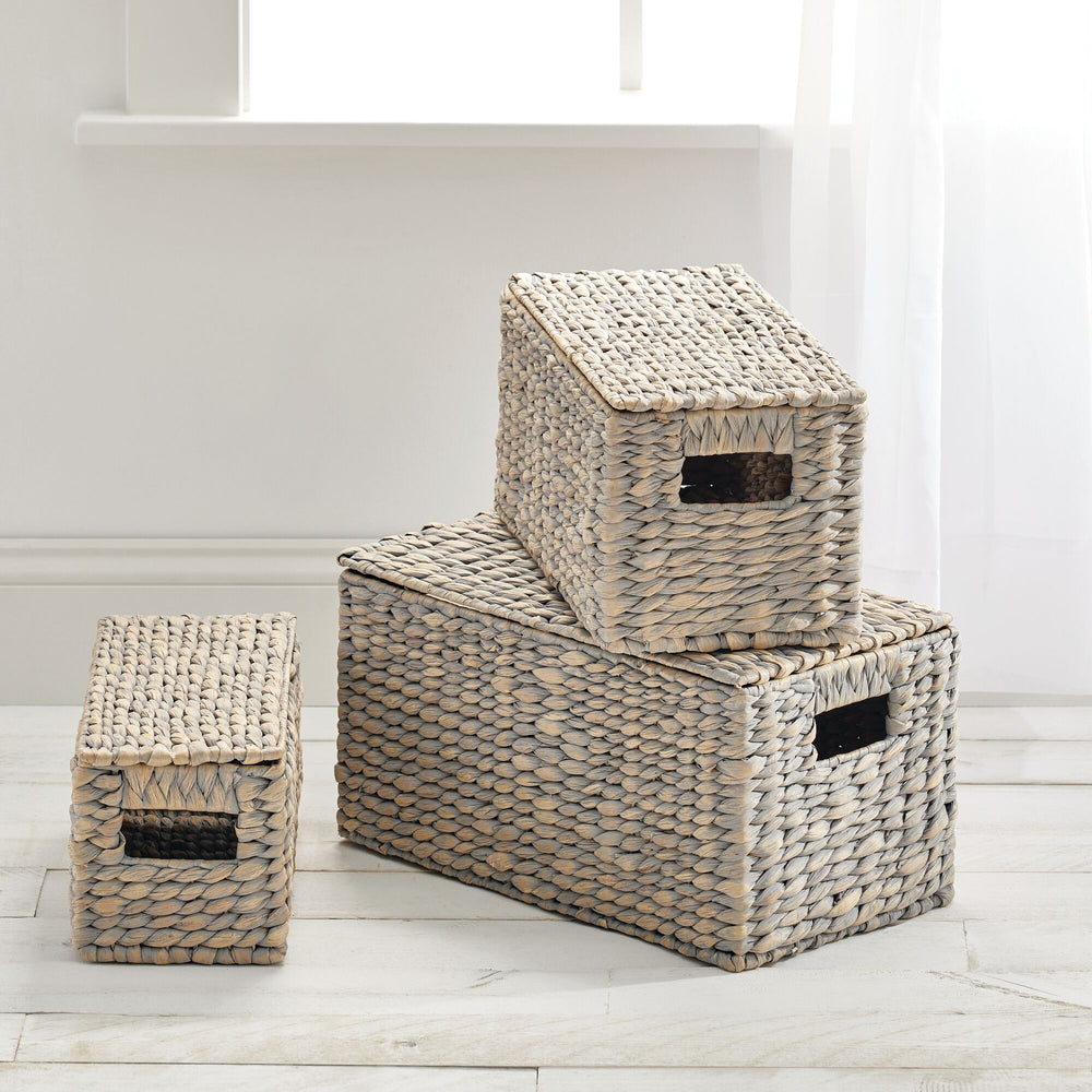 mDesign Hyacinth Woven Cube Bin Basket Organizer, Handles, 2 Pack, Gray Wash