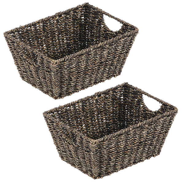 color:black wash||black wash woven seagrass basket with handles 12-9-6 pack of 2