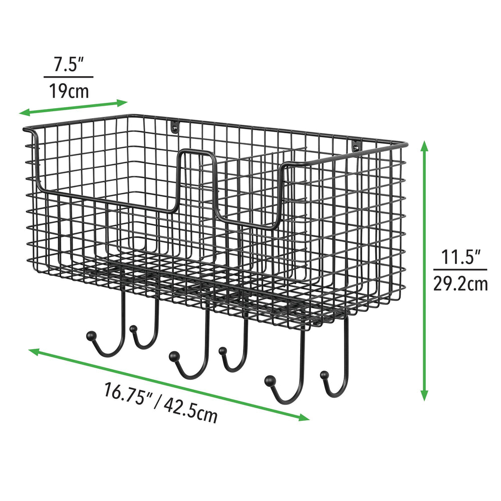 Industrial Wall Organizer with Two Label Slot Wire Bins & Five Hooks