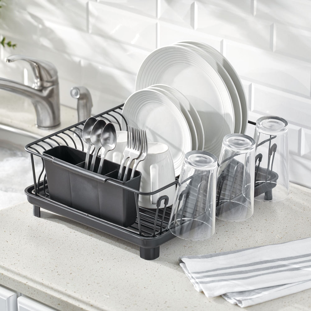 mDesign Kitchen Counter Dish Drying Rack & Microfiber Mat, Set of 2 -  Black/Gray 