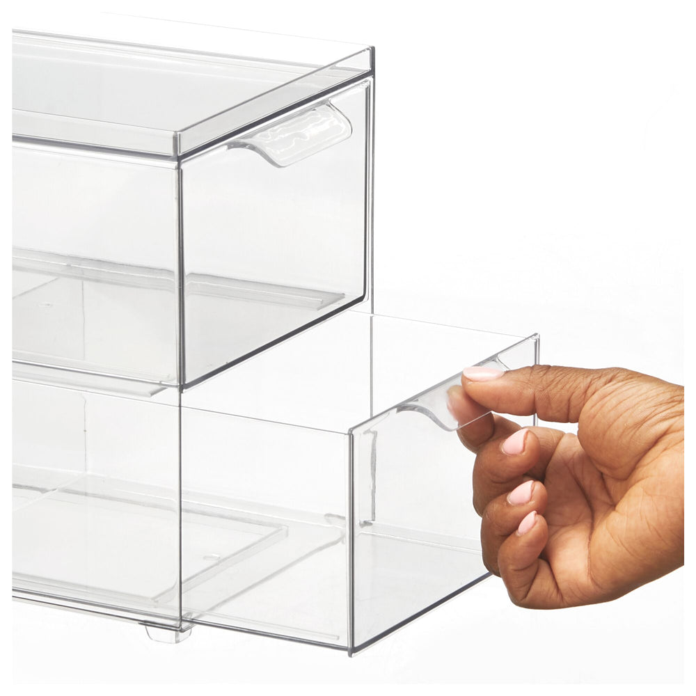 mDesign Stacking Plastic Storage Kitchen Bin with Pull-Out Drawers - 2 Pack - Clear